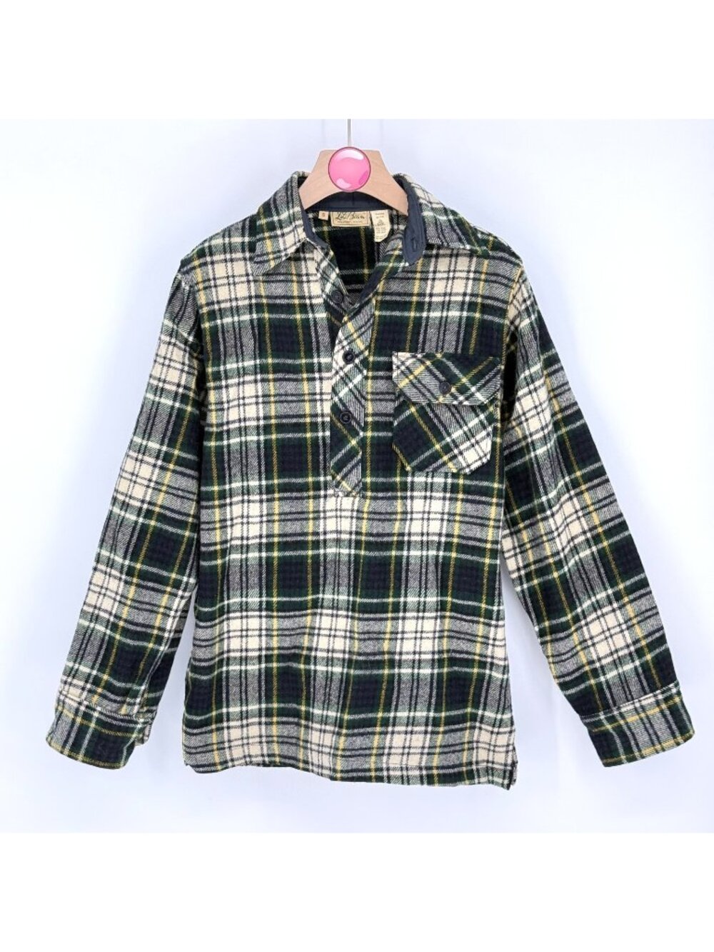 Vintage 60s LL Bean Pullover Wool Nylon Heavy Flannel Plaid Green 1/4 Btn Small